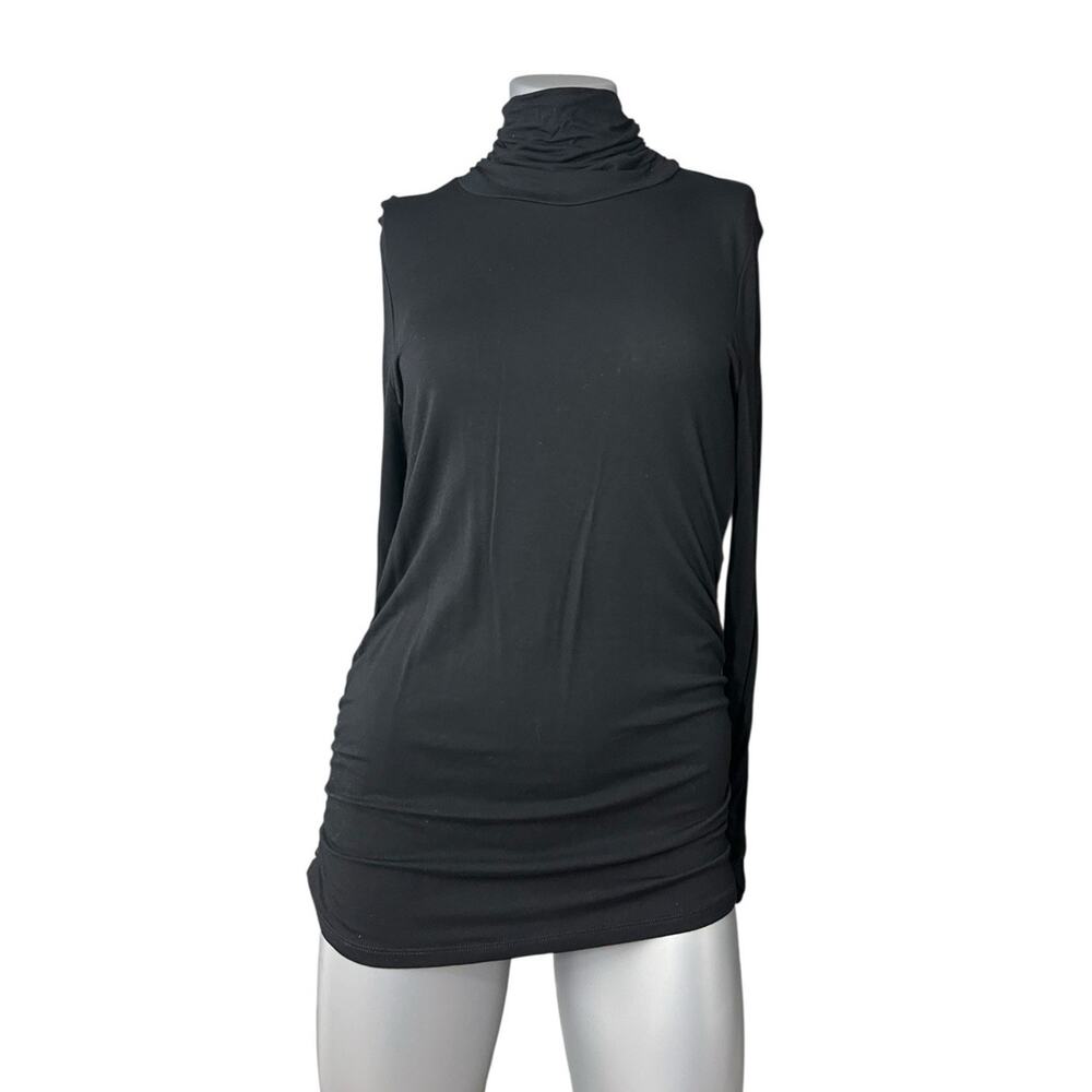 DESIGN HISTORY Women Black Mock Neck Large Top Ruching Long Sleeve Capsule